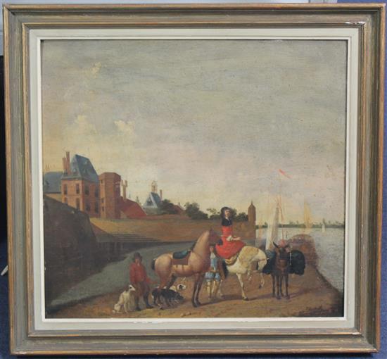Flemish School Lady on horseback beside a jetty, 17.5 x 19in.